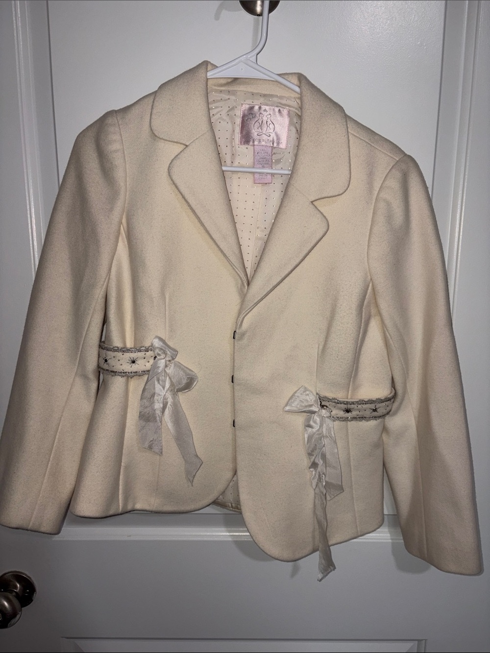 Rebecca Taylor Ivory Cream Blazer Jacket Size 10 Jeweled Ribbon Bow Y2K